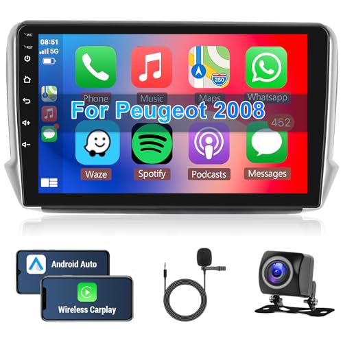 Hodozzy Android Autoradio für Peugeot 208/2008 2012-2018 Wireless Carplay Android Auto,10 Zoll Touchscreen Radio Bluetooth HiFi Navi WiFi RDS Rückfahrkamera 2 Din Android Bildschirm für Peugeot von Hodozzy