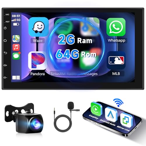 Hodozzy Autoradio Android Din 2 Bluetooth 7 Zoll 2GB 64GB Carplay Wireless Android Auto, Radio Doppel-Din Touchscreen Autoradio Navi DSP HiFi FM RDS Radio GPS Navigation WiFi + USB Rückfahrkamera von Hodozzy