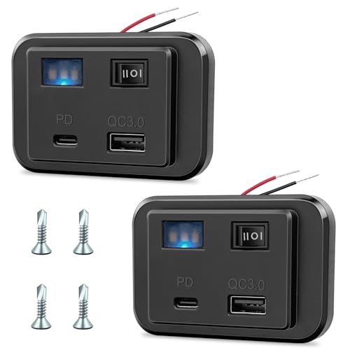 Hoembpn 2 Stück 12 V USB C Kfz-Ladegerät PD3.0 + QC3.0 mit Schalter und LED-Nachtlicht, DC 12 V-26 V, Dual-USB-Panel, Schnellladung, Adapter für Camping, Auto, Motorrad, LKW, Zubehör von Hoembpn