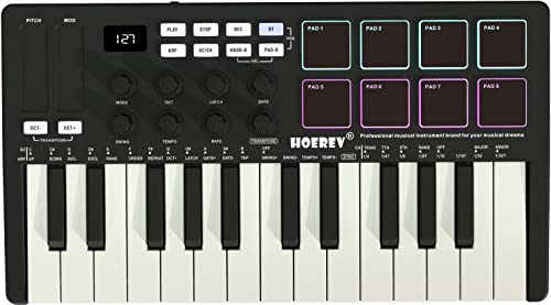 HOEREV MIDI-Tastatur-Controller mit 8 hintergrundbeleuchteten Schlagzeug-Pads, kabellos, halbgewichtet, professionell, dynamisches Keybed, 8 Knöpfe, 25 Tasten, USB mit Lithium-Akku, Schwarz von Hoerev