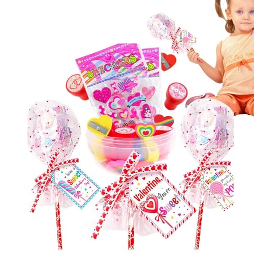 Hogvinnatil Valentinstag-Lutscher-Briefpapier,Valentinstag-Briefpapier-Set für Kinder,Partygeschenke Austausch Bleistifte Aufkleber Radiergummis - Sichere, multifunktionale Klassenzimmer-Geschenktüten von Hogvinnatil