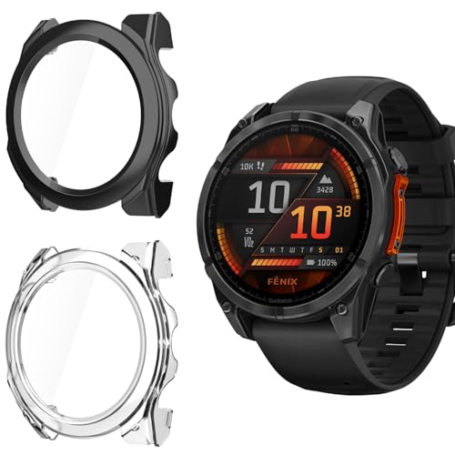 Holilo 2 Stück Hülle Mit Gehärtetes Glas Displayschutz für Garmin Fenix 8 47mm Rundum Schutzhülle,Vollständige Abdeckung Schutzhülle Ultradünne Kratzfest Schutz Case-Schwarz+Transparent von Holilo