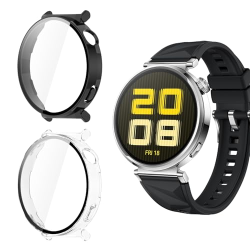 Holilo 2 Stück Hülle Mit Gehärtetes Glas Displayschutz für Huawei Watch GT 5 41mm/GT5 41mm Rundum Schutzhülle,Vollständige Abdeckung Schutzhülle Ultradünne Kratzfest Schutz Case-Schwarz+Transparent von Holilo