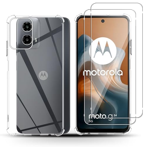 Holilo Hülle +2 Stück Panzerglas Schutzfolie für Motorola Moto G34, TPU Handyhülle Anti-Kratzer Dünn Schutzhülle 9H Härte Glas Displayschutzfolie Rundumschutz von Holilo