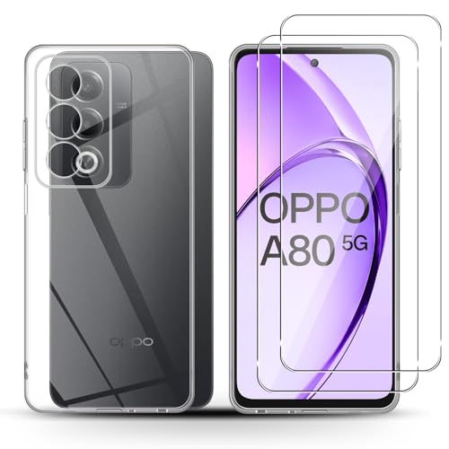 Holilo Hülle +2 Stück Panzerglas Schutzfolie für OPPO A80 5G, TPU Handyhülle Anti-Kratzer Dünn Schutzhülle 9H Härte Glas Displayschutzfolie Rundumschutz von Holilo