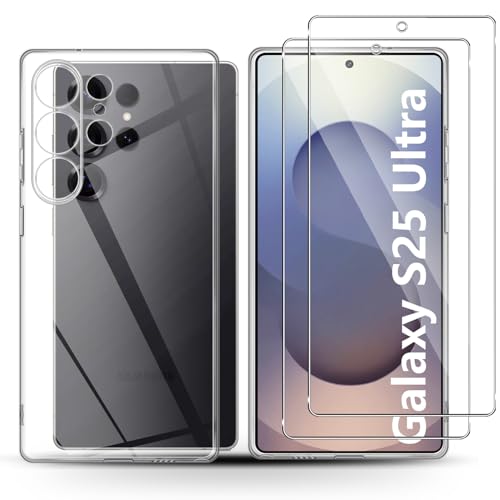 Holilo Hülle +2 Stück Panzerglas Schutzfolie für Samsung Galaxy S25 Ultra 5G, TPU Handyhülle Anti-Kratzer Dünn Schutzhülle 9H Härte Glas Displayschutzfolie Rundumschutz von Holilo