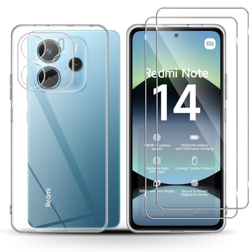 Holilo Hülle +2 Stück Panzerglas Schutzfolie für Xiaomi Redmi Note 14 4G, TPU Handyhülle Anti-Kratzer Dünn Schutzhülle 9H Härte Glas Displayschutzfolie Rundumschutz von Holilo