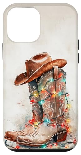 Hülle für iPhone 12 mini Westernstiefel mit Cowboyhut und Weihnachtsbeleuchtung von Holly Berry Boutique & Depot.