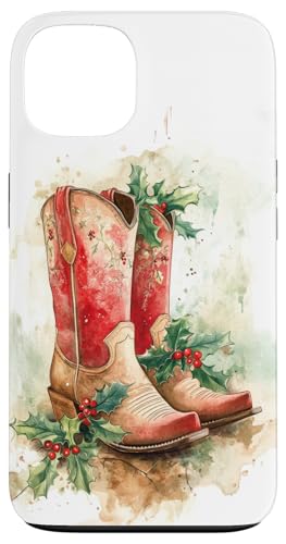 Hülle für iPhone 13 Westernstiefel mit Cowboyhut und Weihnachtsbeleuchtung von Holly Berry Boutique & Depot.