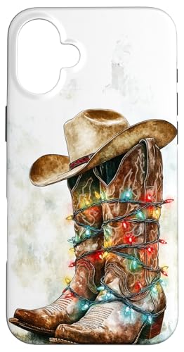 Hülle für iPhone 16 Plus Westernstiefel mit Cowboyhut und Weihnachtsbeleuchtung von Holly Berry Boutique & Depot.