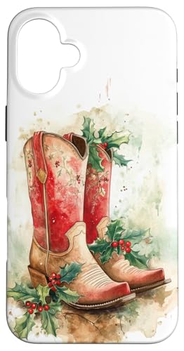 Hülle für iPhone 16 Plus Westernstiefel mit Cowboyhut und Weihnachtsbeleuchtung von Holly Berry Boutique & Depot.