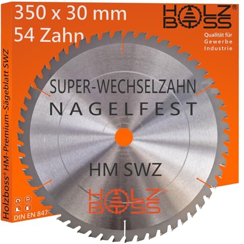 Holzboss ® HM-Sägeblatt 54 x Zahn nagelfest SWZ 350 x 30 mmØ Super-Wechselzahn HW Kreissägeblatt für 350x30 mm Wippsäge Tischkreissäge Brennholz mit Betonbeschlag Feinschnitt Holz Acrylglas von Holzboss