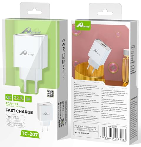 22.5W USB Schnellladegerät, HOME Quick Charge 3.0 Ladegerät 5 V 3 A USB Netzteil USB Stecker Schnellladeadapter für iPhone, Tablets, eBook Reader, Xperia, MP3, Smartphone Charger (Ohne Ladekabel) von Home