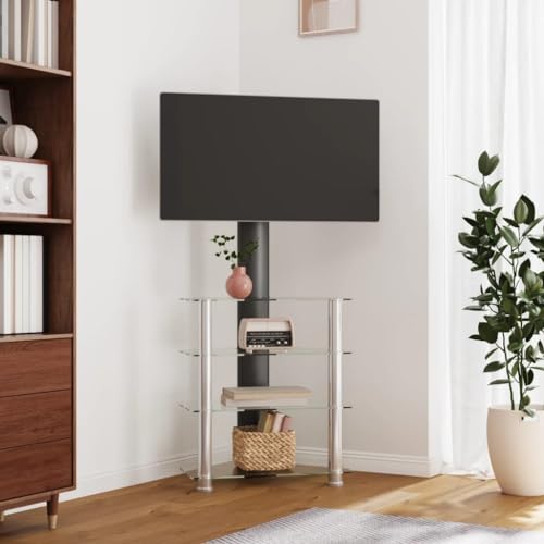 Homgoday Eck-TV-Ständer mit 4 Ebenen für 32-70 Zoll (32-70 Zoll), Schwarz und Silber, TV-Schrank, TV-Schrank für Wohnzimmer, niedriger Schrank für industrielle Fernseher, Modell 358183 von Homgoday