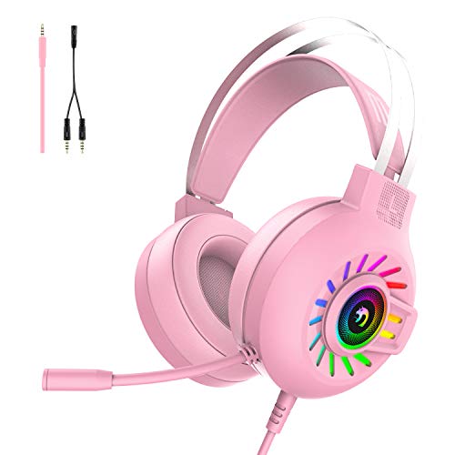 Gaming-Headset, 3,5-mm-Stereo-Overhead-Gaming-Kopfhörer mit RGB-Hintergrundbeleuchtung, Stereo-Surround-Sound mit Kopfhörer und Mikrofon mit Geräuschunterdrückung für PS4 / Xbox One/Mac/PC (Pink) von Hoopond