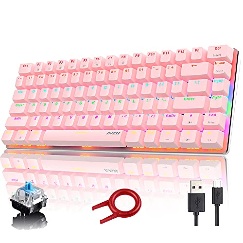 Hoopond Mechanische Tastatur, AK33 8 Regenbogen-LED-Hintergrundbeleuchtung, USB-Kabel, Gaming-Tastatur, 82 Tasten, kompakt mit Anti-Ghosting-Tasten für Gamer und Schreibkräfte (Blauer Schalter, rosa) von Hoopond