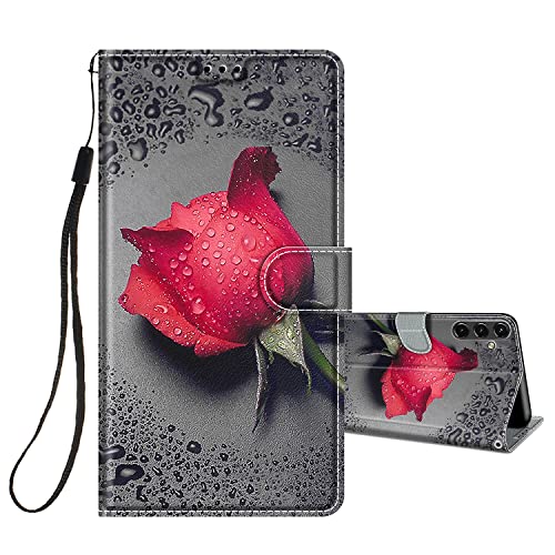 HopMore Handyhülle für Samsung Galaxy A14 4G / 5G Leder Hülle, PU Lederhülle Klappbar Hülle Flip Case Schutzhülle mit Motiv für Samsung A14 4G / 5G Klapphülle Stoßfest Handytasche Cover, Rose/Grau von HopMore