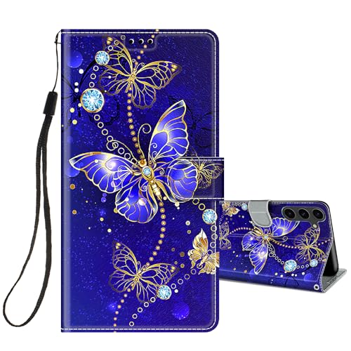 HopMore Handyhülle für Samsung Galaxy A15 5G / 4G Hülle, PU Leder Schutzhülle Klappbar Flip Case Tasche für Samsung A15 5G Klapphülle Stoßfeste Motiv Cover für Galaxy A15,Schmetterling/Blau von HopMore