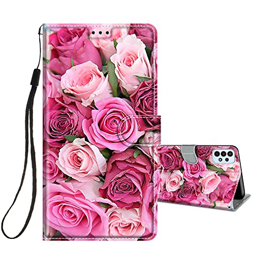 HopMore Handyhülle für Samsung Galaxy A23 5G / M23 5G Leder Hülle, Lederhülle PU Klappbar Flip Case Schutzhülle Motiv für Mädchen Frauen Jungen Klapphülle, Stoßfest Handytasche Cover - Rosa Rose von HopMore