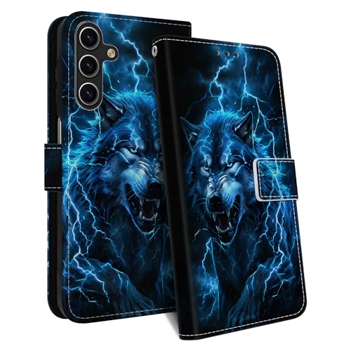 HopMore Handyhülle für Samsung Galaxy A35 5G Hülle, Premium PU Leder Klappbar Klapphülle Kartenfach Ständer Schutzhülle, Stoßfeste Wallet Case Tasche mit Motiv Handytasche für Samsung A35 5G, Wolf B von HopMore