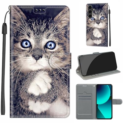 HopMore Handyhülle für Samsung Galaxy A35 5G Hülle Klappbar Flip Case Tasche Magnet Kartenfach Standfunktion Schutzhülle Case Klapphülle mit Motiv Muster Handytasche für Samsung A35 5G, Graue Katze von HopMore