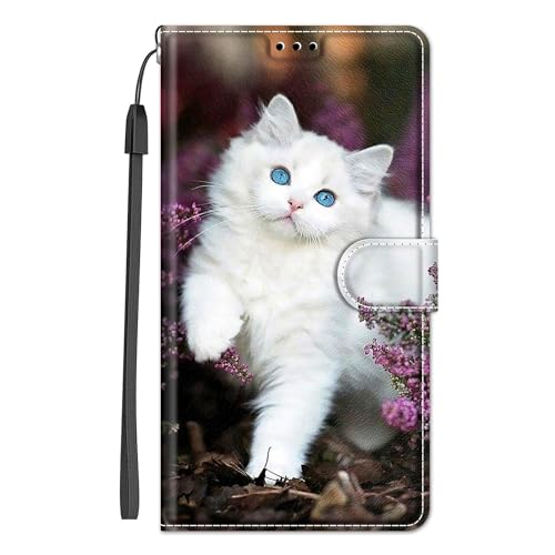 HopMore Handyhülle für Samsung Galaxy A35 5G Hülle Klappbar Flip Case Tasche Magnet Kartenfach Standfunktion Schutzhülle Case Klapphülle mit Motiv Muster Handytasche für Samsung A35 5G, Weiße Katze von HopMore