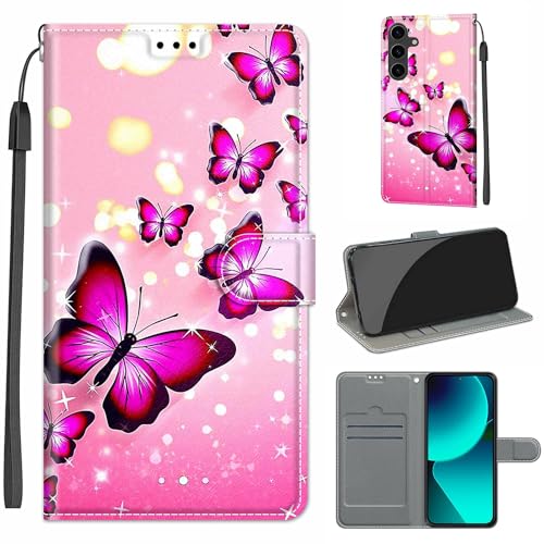 HopMore Handyhülle für Samsung Galaxy A55 5G Hülle Klappbar Flip Case Tasche Kartenfach Standfunktion Schutzhülle Case Klapphülle mit Motiv Muster Handytasche für Samsung A55 5G, Rosa Schmetterling von HopMore