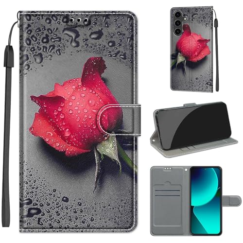 HopMore Handyhülle für Samsung Galaxy A55 5G Hülle Klappbar Flip Case Tasche Magnet Kartenfach Standfunktion Schutzhülle Case Klapphülle mit Motiv Muster Handytasche für Samsung A55 5G, Graue Rose von HopMore