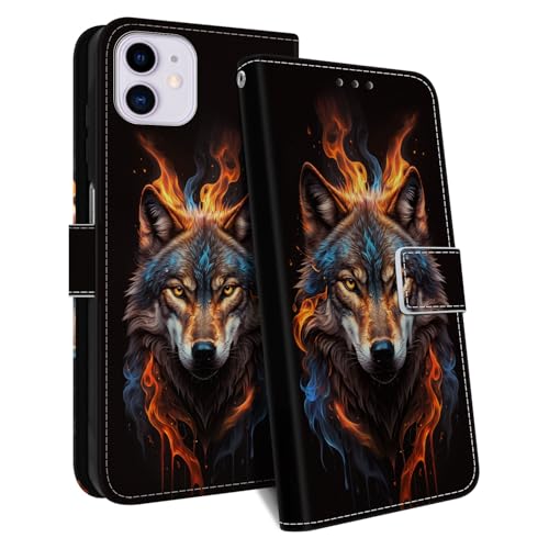 HopMore Handyhülle für iPhone 11 Hülle, Premium PU Leder Klappbar Klapphülle Kartenfach Schutzhülle, Stoßfeste Case Tasche mit Motiv Handytasche für iPhone 11, Wolf B von HopMore