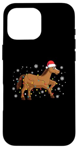 Hülle für iPhone 16 Pro Max Pferd trägt Weihnachtsmannmütze Schneeflocken Weihnachtsbeleuchtung von Horse Santa Claus Christmas Apparel