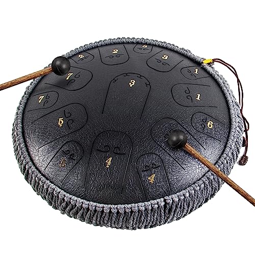 Zungentrommel,Horse 14 Zoll 15 Töne Steel Drum Stahlzungentrommel Steel Tongue Drum Tank Drum C Key Percussion Kit mit Drum Mallets Note Sticker Finger Picks Mallet Halterung und Tragetasche Schwarz von Horse