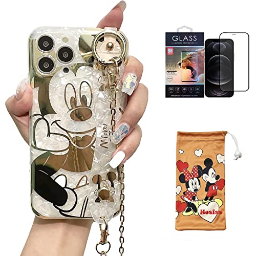 Hosiss Cartoon-Schutzhülle für iPhone 13 Pro, 15,5 cm (6,1 Zoll), mit HD-Displayschutzfolie, Micky Maus mit Handschlaufe, Ständer, Metallkettenriemen, weiches TPU, stoßfest, für Mädchen und Frauen von Hosiss