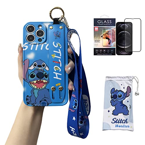 Hosiss Cartoon-Schutzhülle für iPhone 16 Pro Max 17,5 cm (7,9 Zoll), mit HD-Displayschutzfolie, Stitch Upgraded Handgelenkschlaufe, Band, verstellbares Umhängeband, TPU, stoßfeste Schutzhülle für von Hosiss