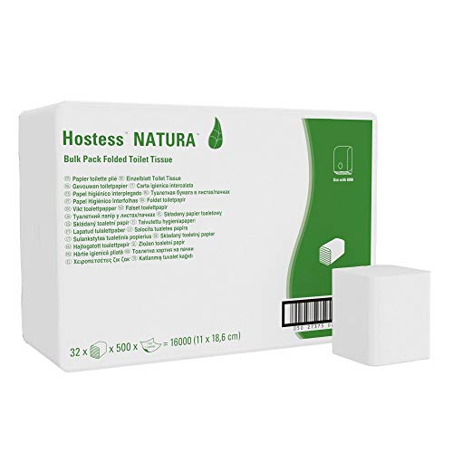 Hostess NATURA, 8036, Einzelblatt-Toilettenpapier, 1-lagig, weiß, 32 Packungen x 500 Blatt von Hostess