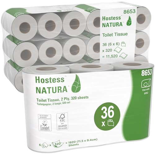 Hostess NATURA Toilettenpapierrollen 8653 – 2-lagiges Toilettenpapier – 6 Packungen mit 6 Toilettenpapierrollen x 320 Blatt weißes Toilettenpapier (insg. 36 Rollen/11.520 Blatt) von Hostess