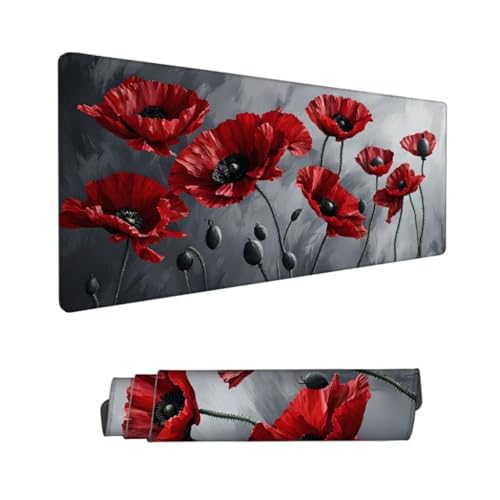 Mohn Mauspad XXL 700x400x3mm, Mousepad Rot Schreibtischunterlage, Wasserdichter Gaming Mauspad, Desk Mat mit Genähten Kanten, Mouse Pad mit Rutschfester Gummiunterseite Gaming Zubehör, Geschenk Hs-115 von Hsqpoobd