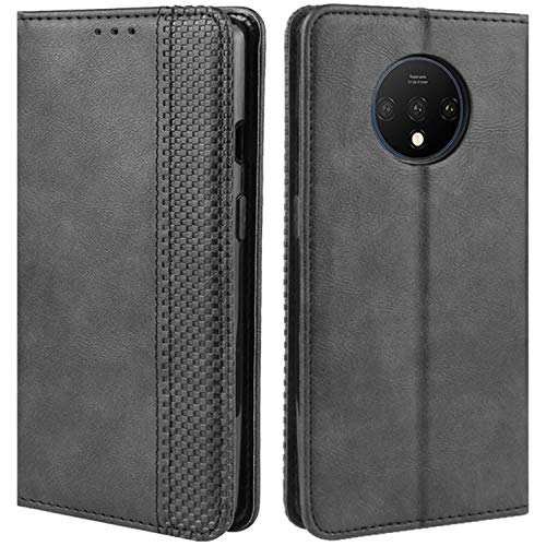 HualuBro Handyhülle für OnePlus 7T Hülle, Retro Leder Brieftasche Tasche Schutzhülle Handytasche LederHülle Flip Case Cover für OnePlus 7T 2019 - Schwarz von HualuBro