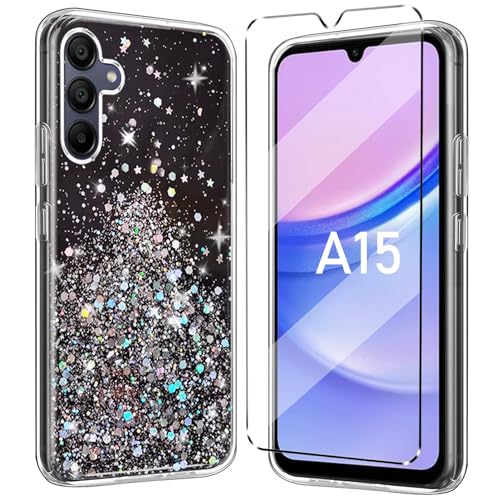 HuiYouMY Glitzer Bling hülle mit panzeglas 1Pcs Compatible with Samsung Galaxy A15 Folie, hülle silikon stoßfest für Samsung Galaxy A15 schutzhülle schutzfolie schutzglas panzerfolie handyhülle Black von HuiYouMY