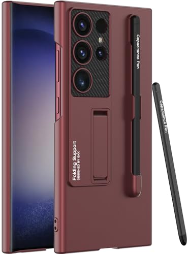 Hülle für Samsung Galaxy S24 Ultra mit S Pen & S Pen Halterung und 3 Modi Einstellbarer Ständer, Luxuriöse Ultradünne Harte PC Stoßfeste Handyhülle für Samsung Galaxy S24 Ultra(Weinrot+Pen) von Hulveze