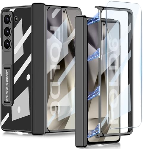 Hulveze für Samsung Galaxy Z Fold 6 Klar Hülle mit Magnetischem Scharnierschutz und Verstellbarem Ständer & Displayschutz, Transparente Beschichtung Stoßfeste Case für Samsung Z Fold 6 (Schwarz) von Hulveze