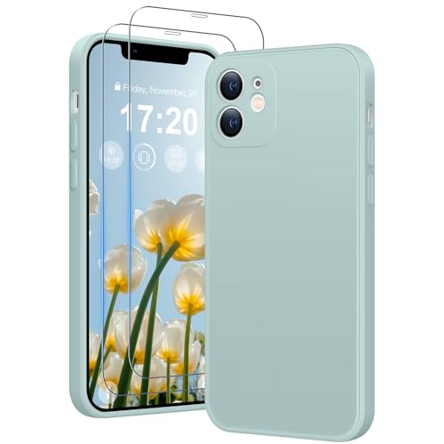 HuwaiH 3 in 1 Hülle für iPhone 12,Liquid Silikon Hülle mit 2 Stück 9H 0.33mm Panzerglas, Upgraded Kameraschutz, Soft Mikrofaserfutter Kratzfeste Stoßfeste Handyhülle für iPhone 12(hellblau) von HuwaiH