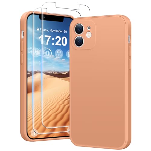 HuwaiH 3 in 1 Hülle für iPhone 12 Mini,Liquid Silikon Hülle mit 2 Stück 9H 0.33mm Panzerglas, Upgraded Kameraschutz, Soft Mikrofaserfutter Kratzfeste Stoßfeste Handyhülle für iPhone 12 Mini(Orange) von HuwaiH