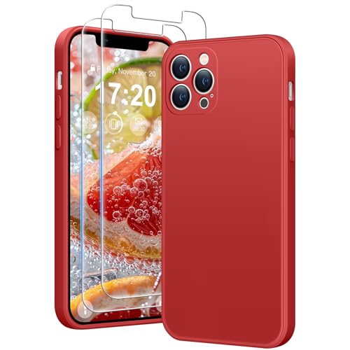 HuwaiH 3 in 1 Hülle für iPhone 12 pro,Liquid Silikon Hülle mit 2 Stück 9H 0.33mm Panzerglas, Upgraded Kameraschutz, Soft Mikrofaserfutter Kratzfeste Stoßfeste Handyhülle für iPhone 12 pro(Rot) von HuwaiH