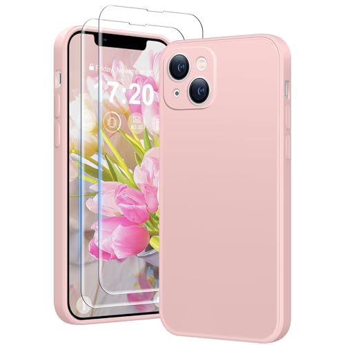 HuwaiH 3 in 1 Hülle für iPhone 13,Liquid Silikon Hülle mit 2 Stück 9H 0.33mm Panzerglas, Upgraded Kameraschutz, Soft Mikrofaserfutter Kratzfeste Stoßfeste Handyhülle für iPhone 13(Rosa) von HuwaiH