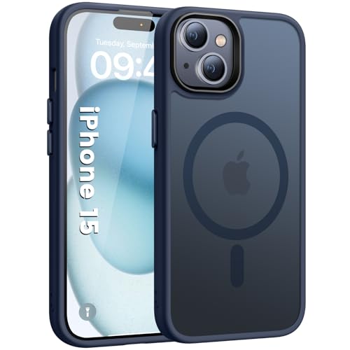 HuwaiH Handyhülle für iPhone 15 Hülle, [Kompatibel mit Mag-Safe] 12FT Militärgrad Stoßfeste Kratzfeste Schutzhülle, Transluzente Matte Handyhülle für iPhone 15(Blau) von HuwaiH