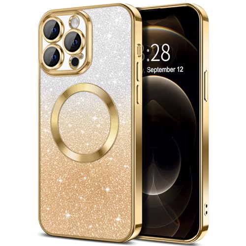 Hython Für iPhone 12 Pro Max Hülle Klar Magnetische Glitzer Handyhüllen [Kompatibel mit MagSafe] Vollkamera-Objektivschutz Slim Gradient Sparkle Luxus Plating Stoßfest Schutzhülle Damen, Gold von Hython