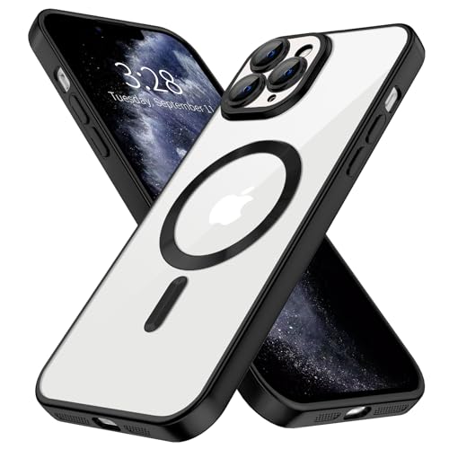 Hython Magnetische transparente Hülle für iPhone 11 Pro Max Hülle mit Kameraobjektivschutz [Kompatibel mit MagSafe] Plating Edge Slim Soft TPU Cover Schutzhülle für iPhone 11 Pro Max, Mattschwarz von Hython