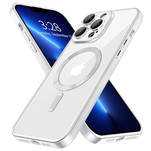 Hython Magnetische transparente Hülle für iPhone 13 Pro Max Hülle mit Kameraobjektivschutz [Kompatibel mit MagSafe] Plating Edge Slim Soft TPU Cover Schutzhülle für iPhone 13 Pro Max, Mattsilber von Hython