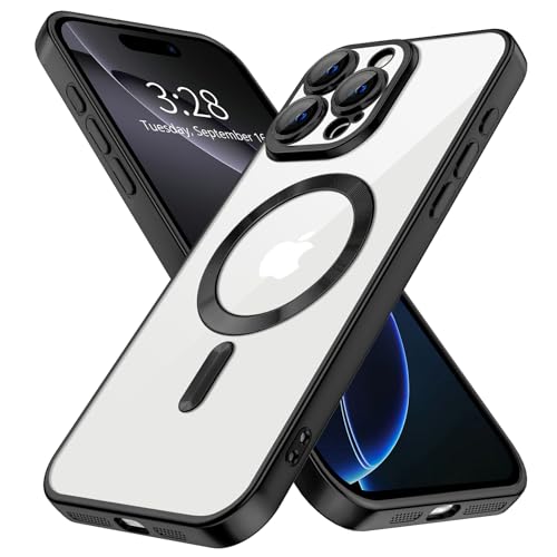 Hython Magnetische transparente Hülle für iPhone 16 Pro Max Hülle mit Kameralinsenschutz [Kompatibel mit MagSafe] Plating Edge Slim Soft TPU Cover Schutzhülle für iPhone 16 Pro Max, Mattschwarz von Hython