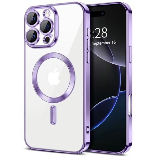 Hython Magnetische transparente Hülle für iPhone 16 Pro Max Hülle mit Kameraobjektivschutz [Kompatibel mit MagSafe] Plating Edge Slim Soft TPU Cover Schutzhülle für iPhone 16 Pro Max, Hellviolett von Hython